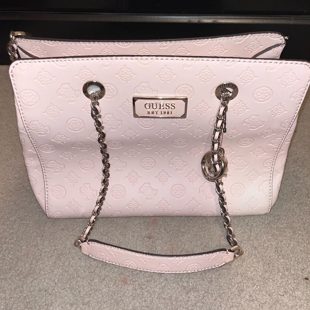 Baby pink Guess monogram tote bag